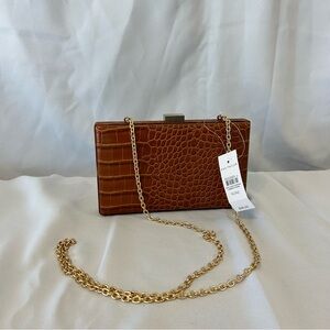 NWT Ann Taylor Tan/Brown Faux Crocodile Skin Clutch with Gold Chain